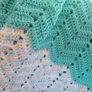 Vtg Handmade Crochet Baby Afghan Green and Multi
